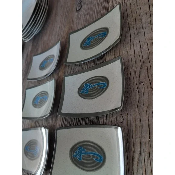 Vintage Style Sushi Plates Set of 6 Speckled Cream Blue Abstract Design - Picture 7 of 16